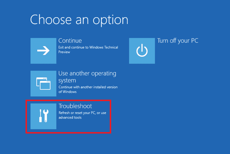 En la pantalla Opciones de arranque avanzadas, haga clic en Solucionar problemas. Solucionar el error de la pantalla amarilla de la muerte en Windows 10