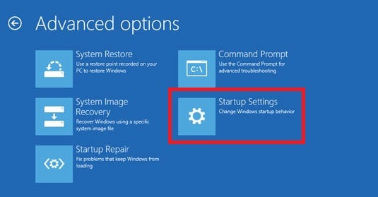Elija Configuración de inicio. Solucionar el error de la pantalla amarilla de la muerte en Windows 10