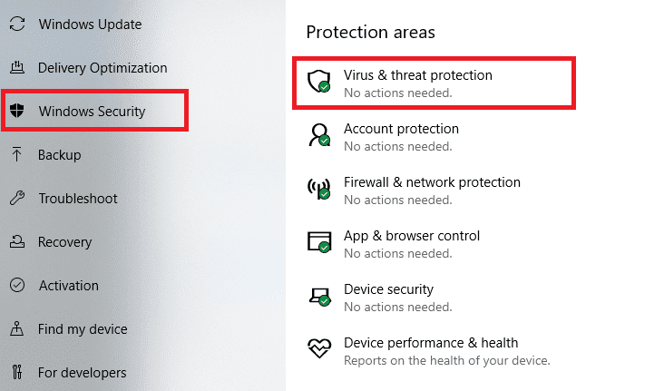 Haga clic en Seguridad de Windows en el panel izquierdo y Protección contra virus y amenazas