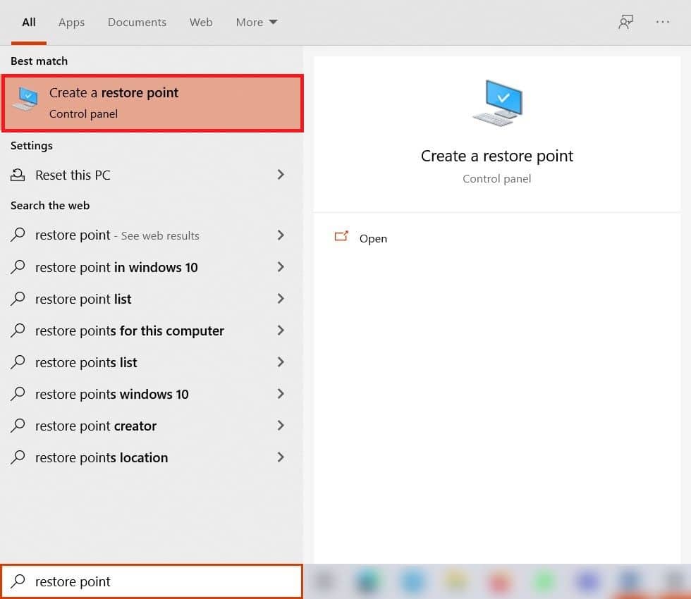 Escriba el punto de restauración en el panel de búsqueda de Windows y haga clic en el primer resultado.