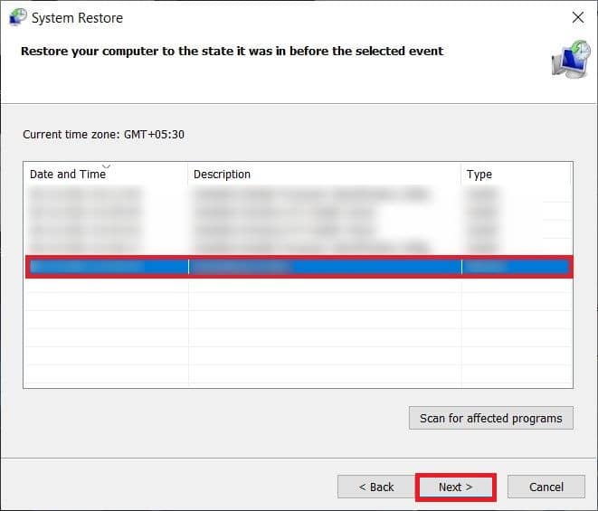 Ahora seleccione el punto de restauración del sistema deseado de la lista y haga clic en Siguiente | Solucionar el error de la pantalla amarilla de la muerte en Windows 10