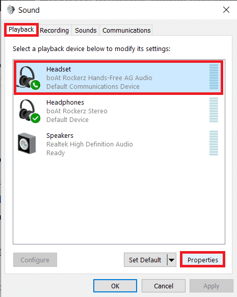 En la pestaña Reproducción, seleccione el dispositivo de audio en el que está experimentando el error y haga clic en Propiedades