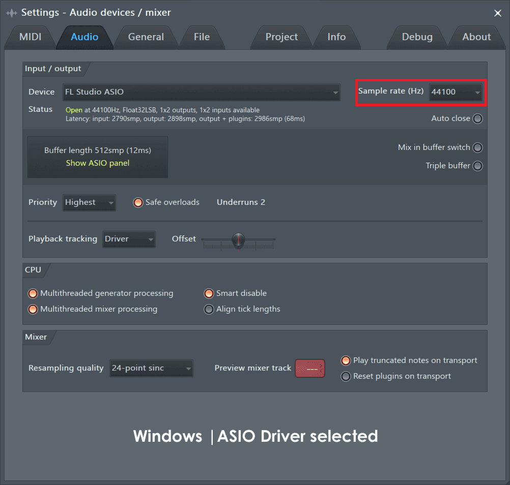 establezca la frecuencia de muestreo (Hz) en 44100 en la pestaña de audio del controlador ASIO |  Solución: 'Error del procesador de audio: reinicie su computadora'