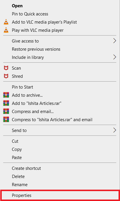 Opción de propiedades después del clic derecho.  Cómo cambiar los permisos de archivo en Windows 10