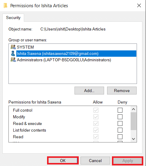 Carpeta de permisos de usuario.