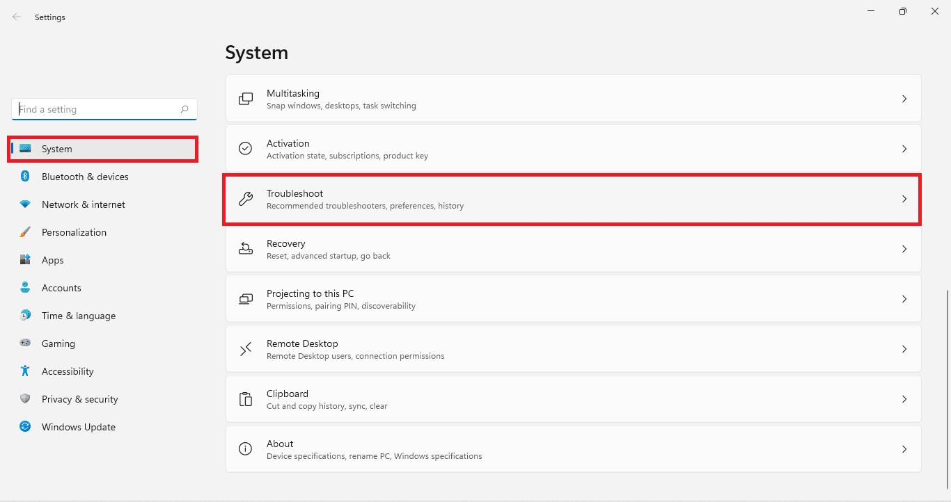 Opción de solución de problemas en la configuración de Windows 11. cómo reparar Windows 11