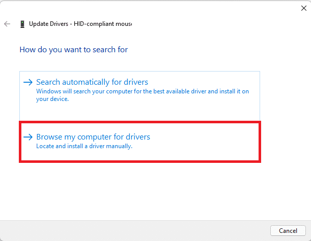Seleccione Buscar controladores en mi computadora en el asistente Actualizar unidad Windows 11