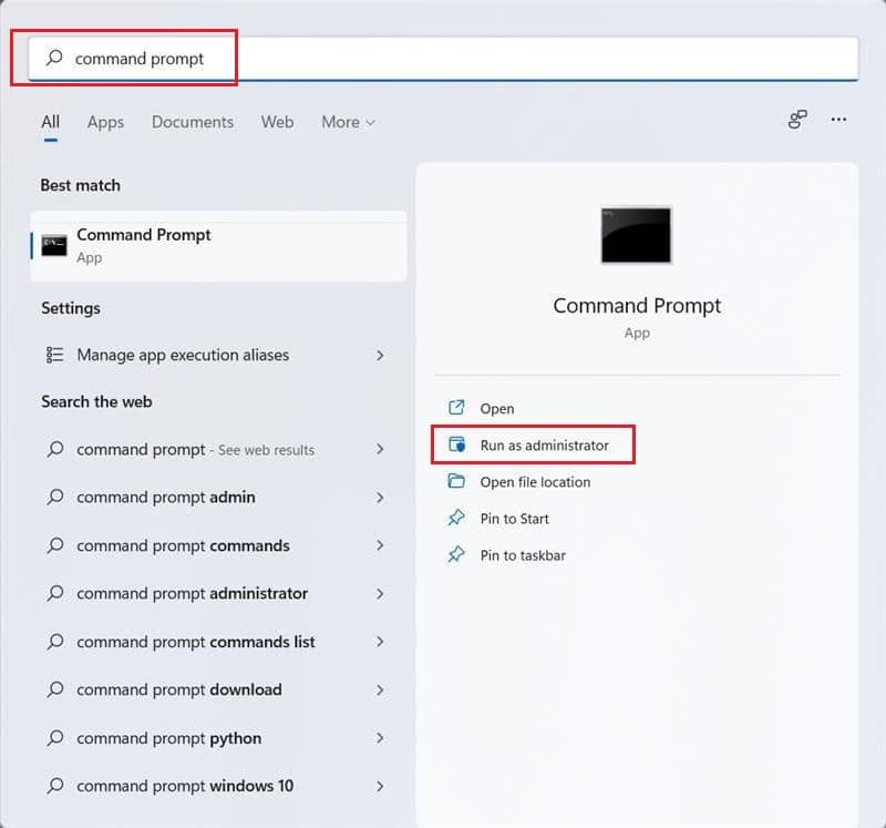 haga clic en Inicio y escriba símbolo del sistema, luego haga clic en Ejecutar como administrador Windows 11