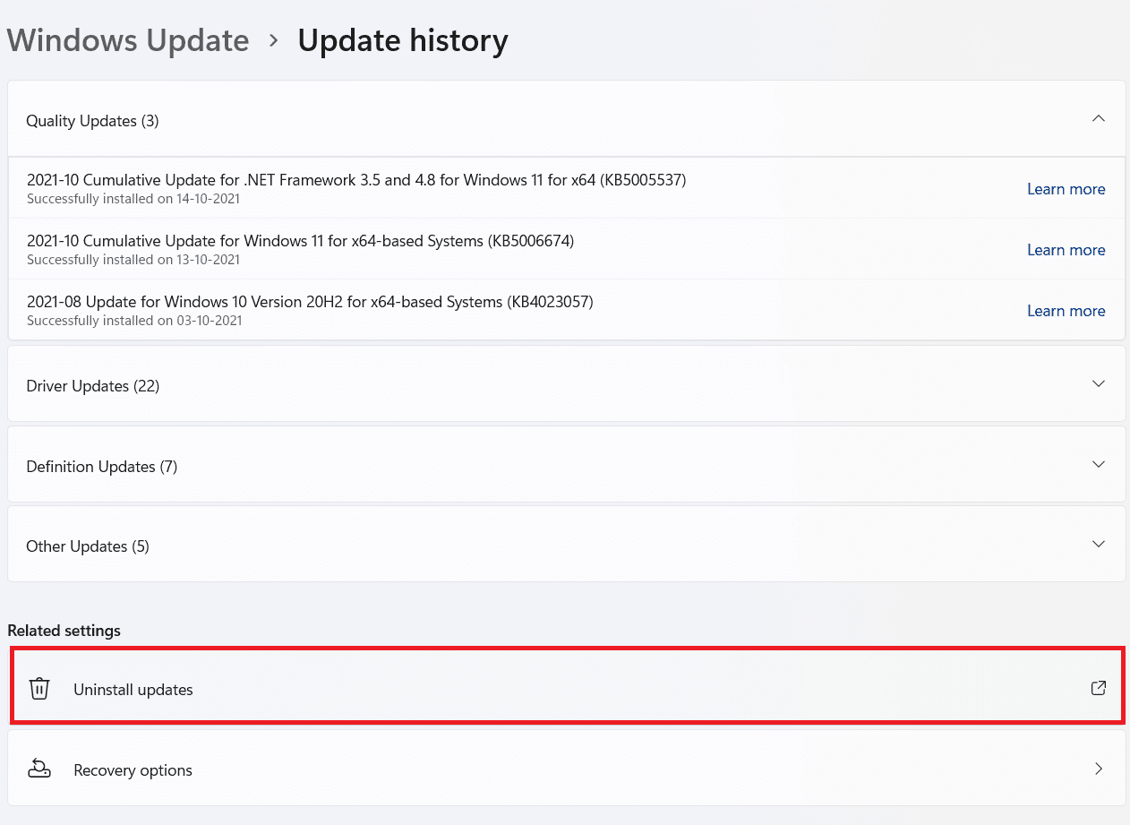 seleccione la opción Desinstalar actualizaciones en el historial de actualizaciones Win 11