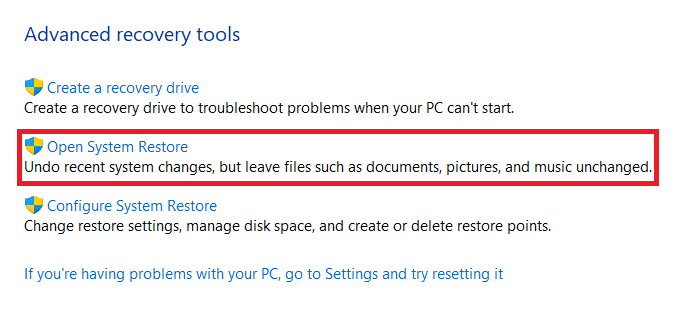 haga clic en la opción Restaurar sistema abierto en Herramientas de recuperación avanzadas Opción de recuperación en el panel de control Windows 11