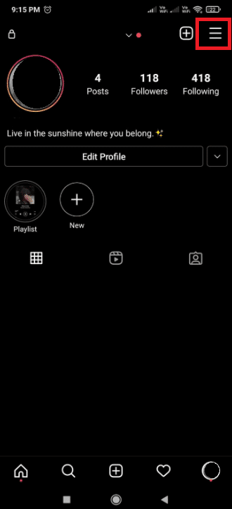En la esquina superior derecha de la pantalla, toque el icono de tres líneas horizontales.  Cómo encontrar a alguien en Instagram por número de teléfono