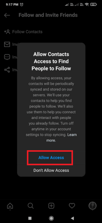 Seleccione la opción Permitir acceso.  Cómo encontrar a alguien en Instagram por número de teléfono