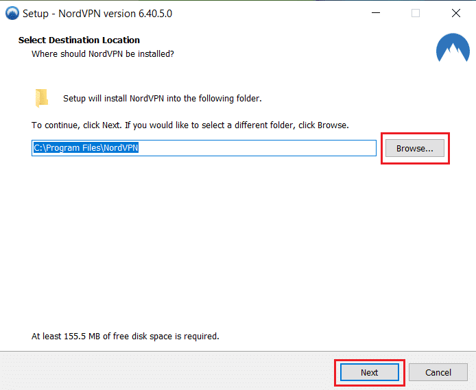Configure la ubicación de navegación de Nord VPN, haga clic en Siguiente