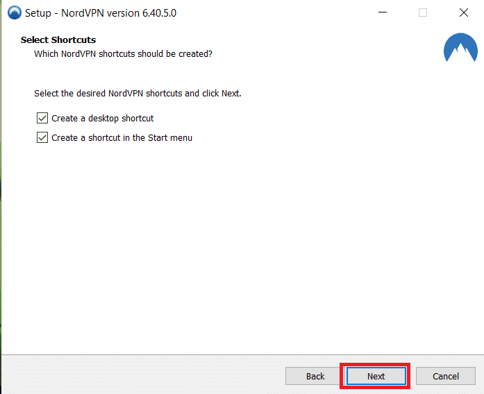 Crear acceso directo de escritorio o acceso directo en el menú Inicio.  Haga clic en Siguiente.  Configuración de Nord VPN