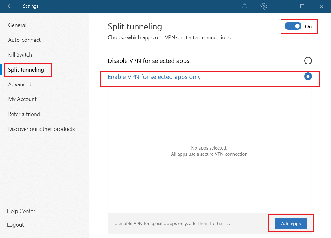 nord vpn activa el túnel dividido y agrega aplicaciones
