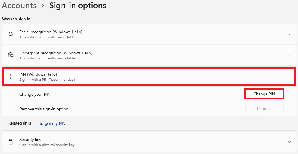 Opción de inicio de sesión en la pestaña Cuenta en la aplicación Configuración.  Cómo cambiar pin en Windows 11