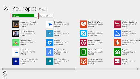 Windows 8.1, Aplicaciones, Lista, Tienda, Instalado, No instalado