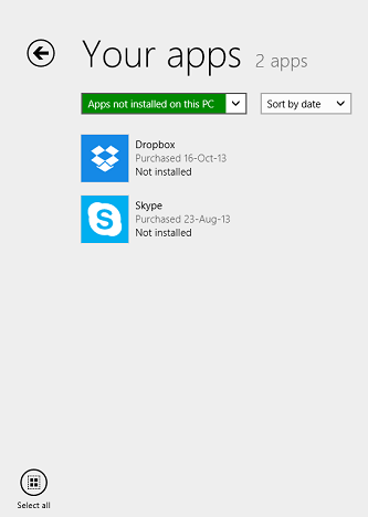 Windows 8.1, Aplicaciones, Lista, Tienda, Instalado, No instalado