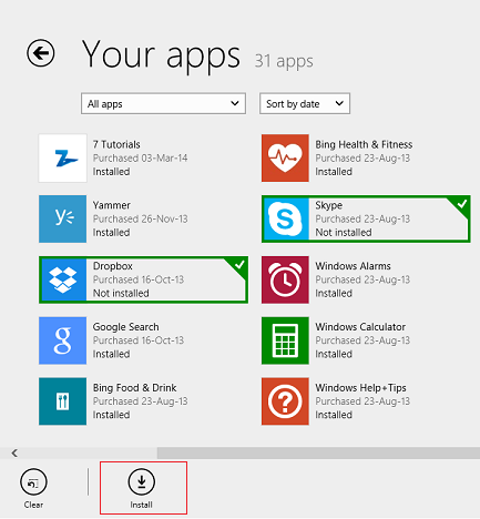 Windows 8.1, Aplicaciones, Lista, Tienda, Instalado, No instalado