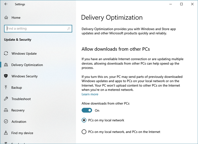 Optimización de la entrega de actualizaciones de Windows 10