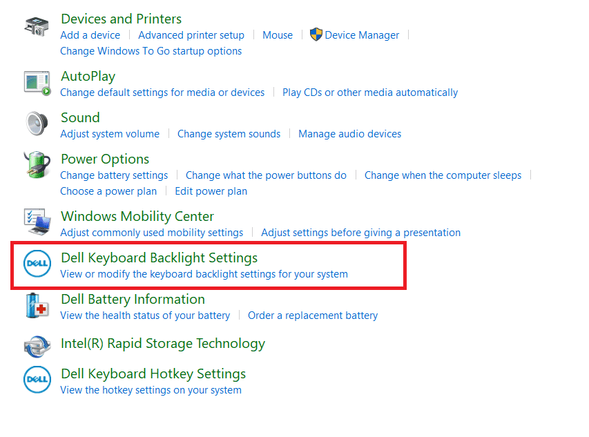 Haga clic en Configuración de retroiluminación del teclado Dell.  Cómo establecer la configuración de la retroiluminación del teclado Dell