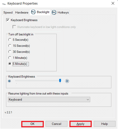 Haga clic en Aplicar para guardar los cambios y en Aceptar para salir.  Cómo establecer la configuración de la retroiluminación del teclado Dell