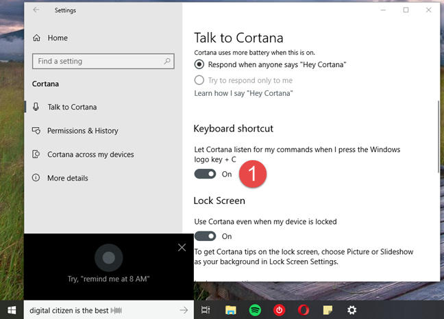Windows 10, Cortana, configuración