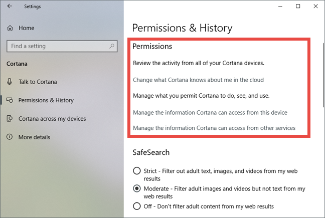 Windows 10, Cortana, configuración