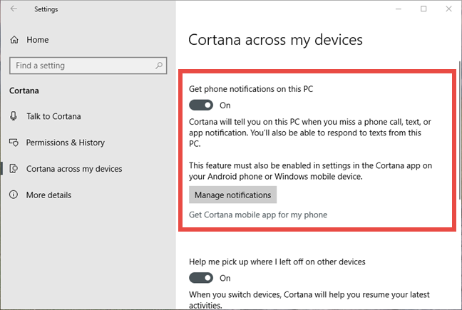 Windows 10, Cortana, configuración
