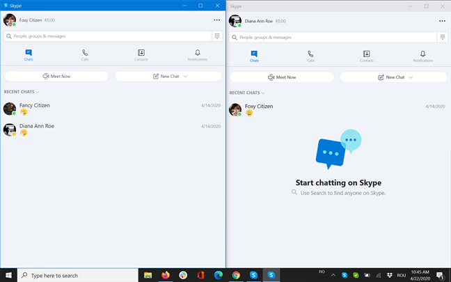 Divida su pantalla entre las dos aplicaciones de Skype diferentes en Windows 10