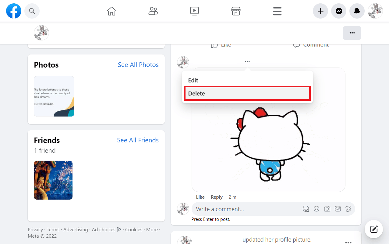Haga clic en los tres puntos al lado de su nombre de perfil y elija Eliminar |  Cómo borrar un GIF en Facebook Comentario |  anular envío de GIF en Messenger