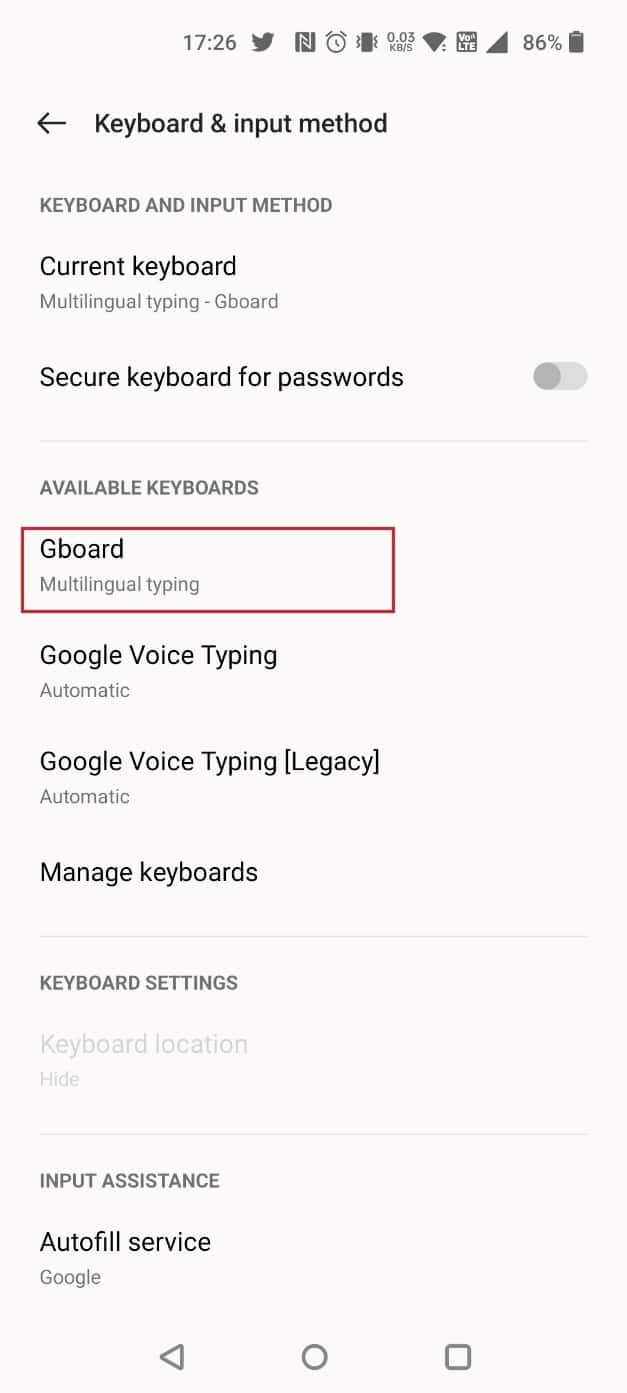 Elija Gboard en TECLADOS DISPONIBLES |  anular envío de GIF en Messenger