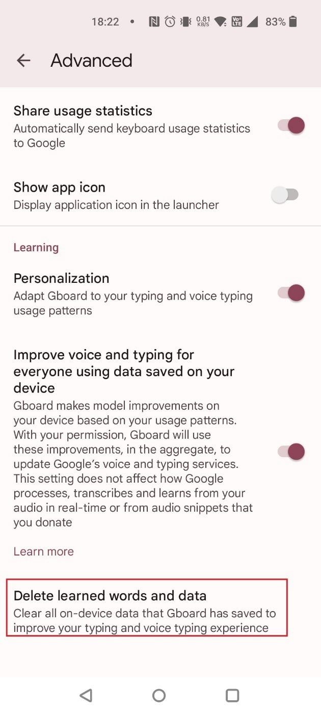 Pulse en Eliminar palabras y datos aprendidos |  Cómo borrar un GIF en Facebook Comentario |  anular envío de GIF en Messenger