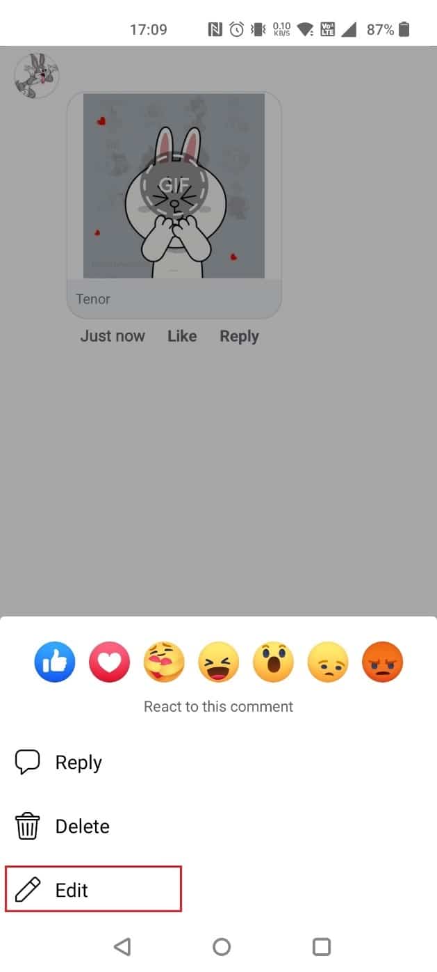 Seleccione Editar |  Cómo borrar un GIF en Facebook Comentario |  anular envío de GIF en Messenger