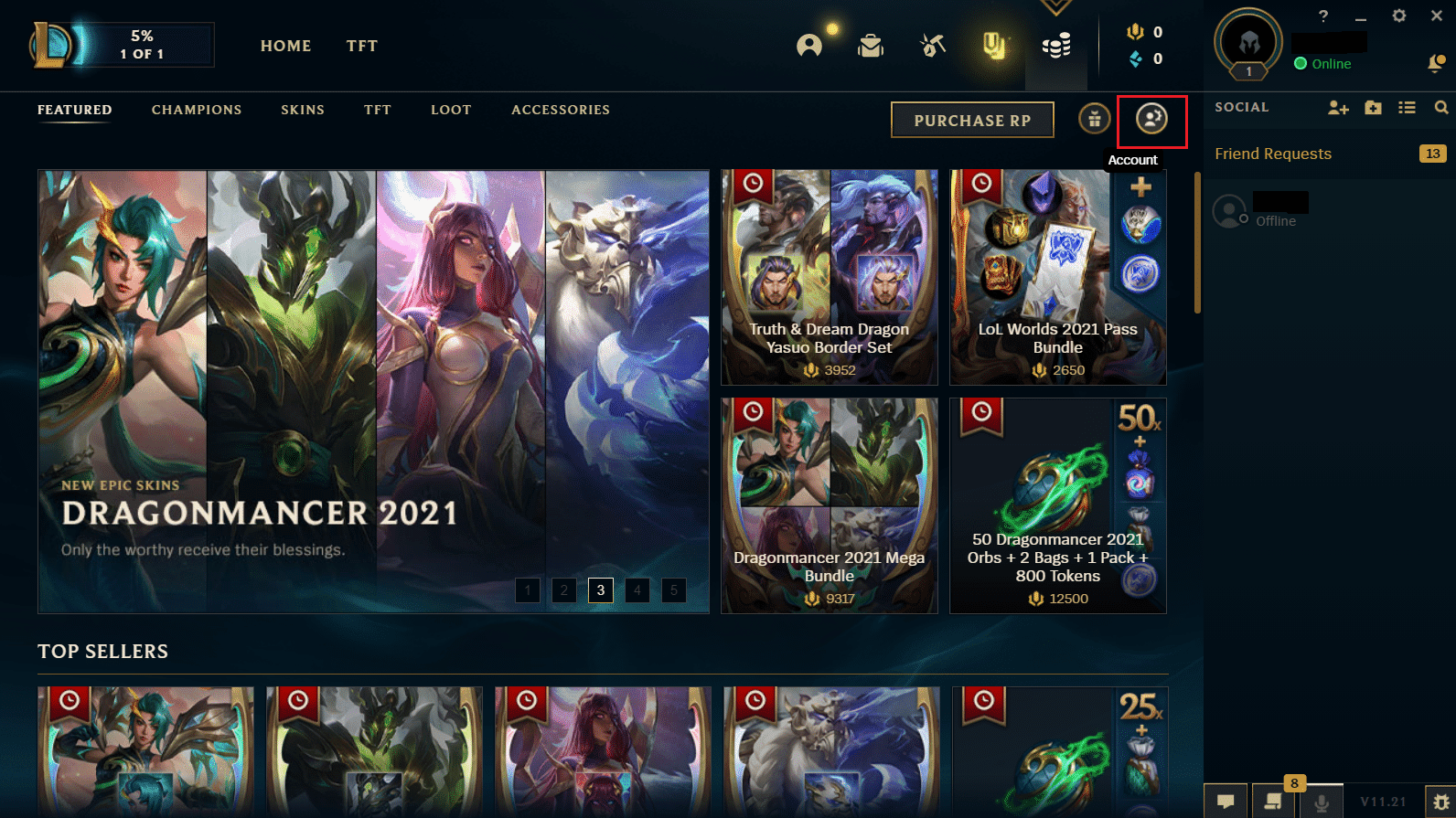 haz clic en el ícono Cuentas en el menú Tienda en LOL