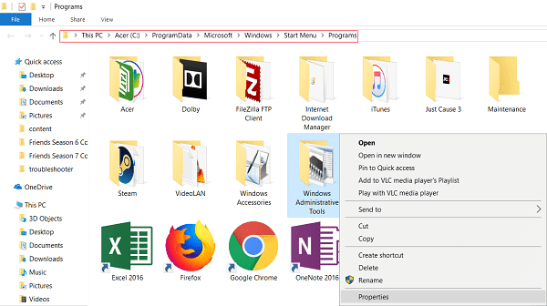 En la carpeta de programas, busque Herramientas administrativas de Windows, luego haga clic derecho sobre él y seleccione Propiedades