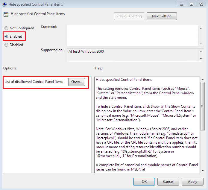 Seleccione Habilitar para ocultar elementos específicos del tablero