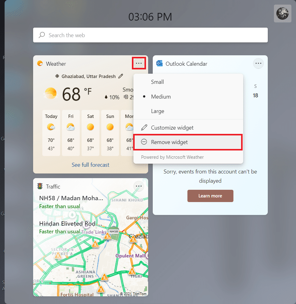 haga clic con el botón derecho en el widget meteorológico y seleccione eliminar widget en el panel de widgets.  ¿Cómo eliminar el widget meteorológico de la barra de tareas en Windows 11?