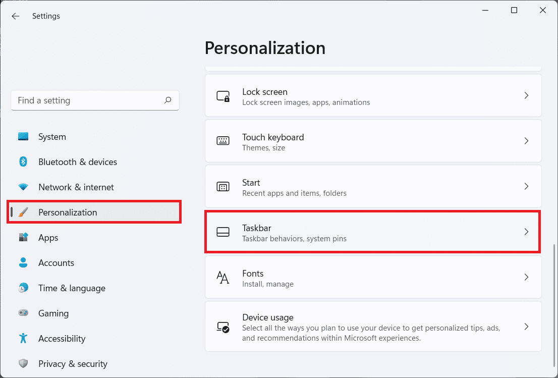 La pestaña Personalización en la aplicación Configuración