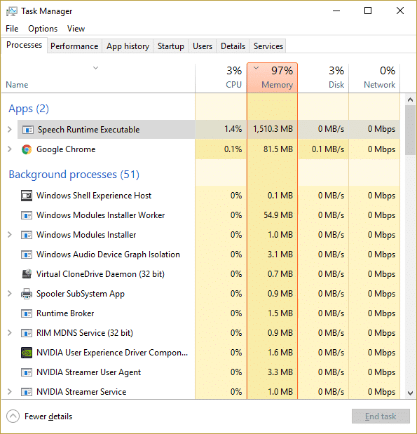Haga clic derecho en Speech Runtime Executable.  luego seleccione Finalizar tarea
