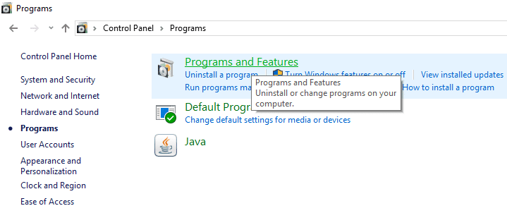 Haga clic en Programas y características