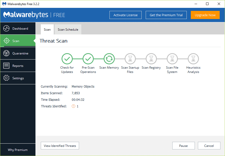  Preste atención a la pantalla Threat Scan mientras Malwarebytes Anti-Malware escanea su PC