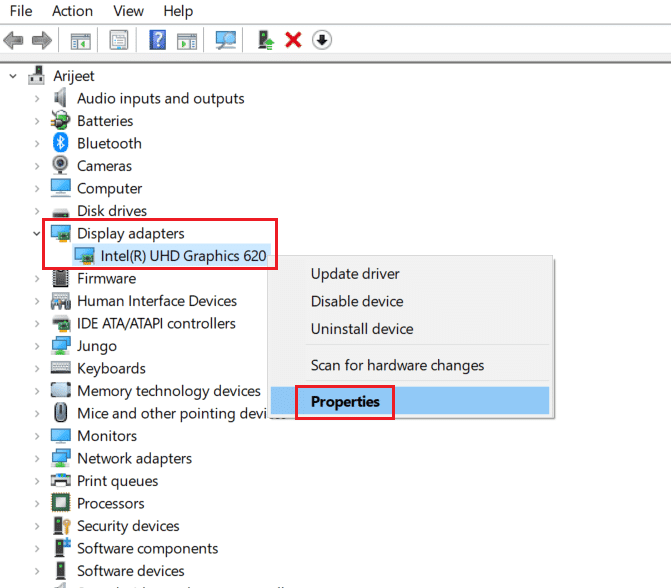 abra las propiedades del controlador de pantalla en el administrador de dispositivos. Cómo reparar la pantalla blanca de la muerte de la computadora portátil en Windows