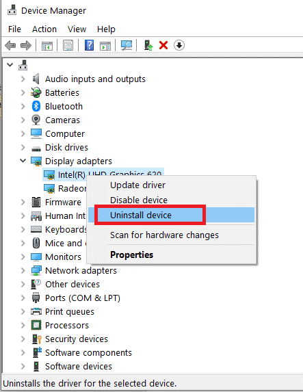 haga clic con el botón derecho en el controlador de pantalla Intel y seleccione Desinstalar dispositivo. Cómo reparar la pantalla blanca de la muerte de la computadora portátil en Windows
