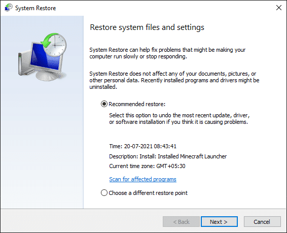 Ahora, la ventana Restaurar sistema aparecerá en la pantalla. Aquí, haga clic en Siguiente. Cómo reparar la pantalla blanca de la muerte de la computadora portátil en Windows