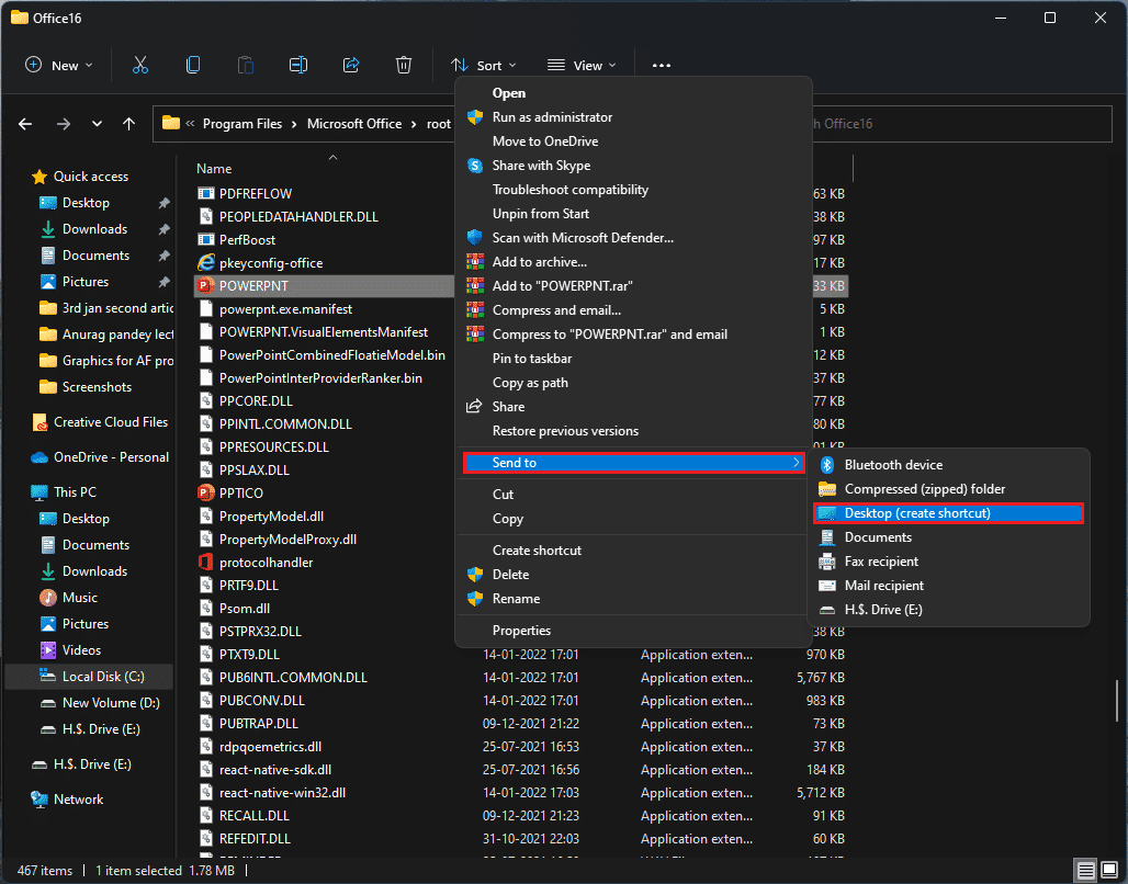 haga clic con el botón derecho en la aplicación de PowerPoint y desplácese hasta Enviar a y seleccione la opción Escritorio Windows 11