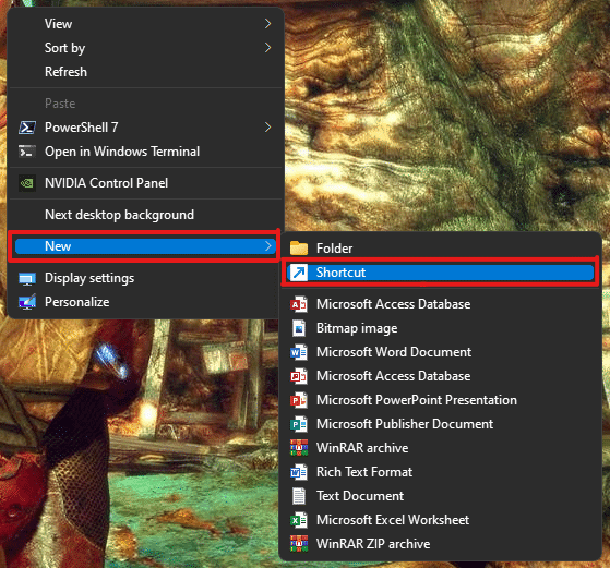 Ahora vaya a la opción Nuevo y haga clic en la opción Acceso directo.  Cómo crear accesos directos de escritorio en Windows 11