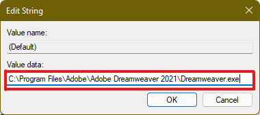 pegue la ruta de la aplicación copiada en la sección Información del valor