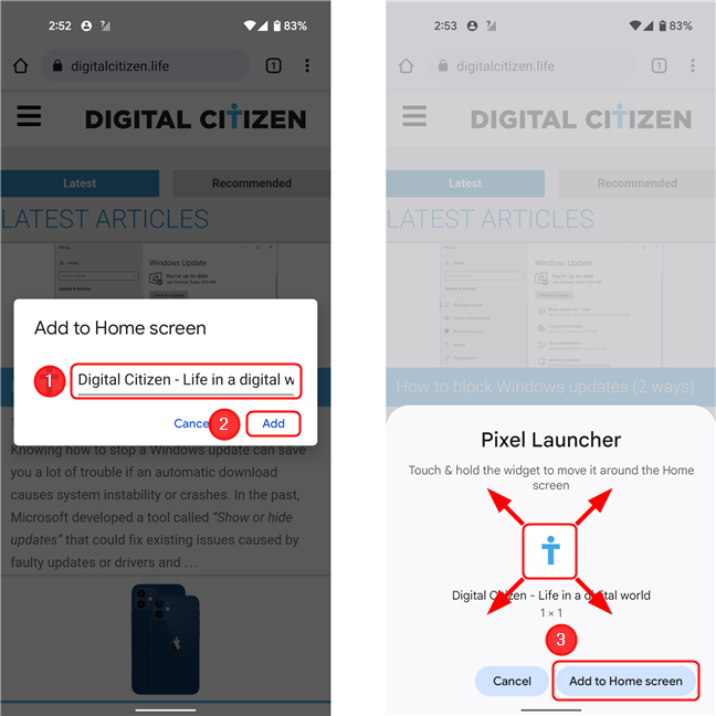 Cambie el nombre del acceso directo que aparecerá en su pantalla de inicio, toque Agregar, luego Agregar a la pantalla de inicio