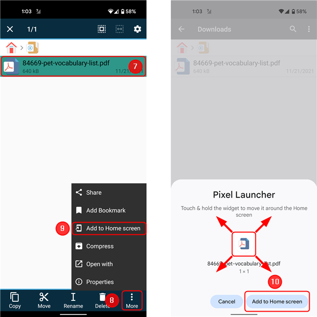 Seleccione el archivo, luego abra el menú y seleccione Agregar a la pantalla de inicio